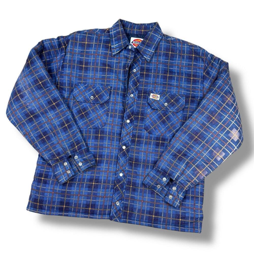 Vintage Dickies 90s Men’s Quilted Flannel Shirt Jacket Blue Plaid Size Medium - Picture 1 of 11